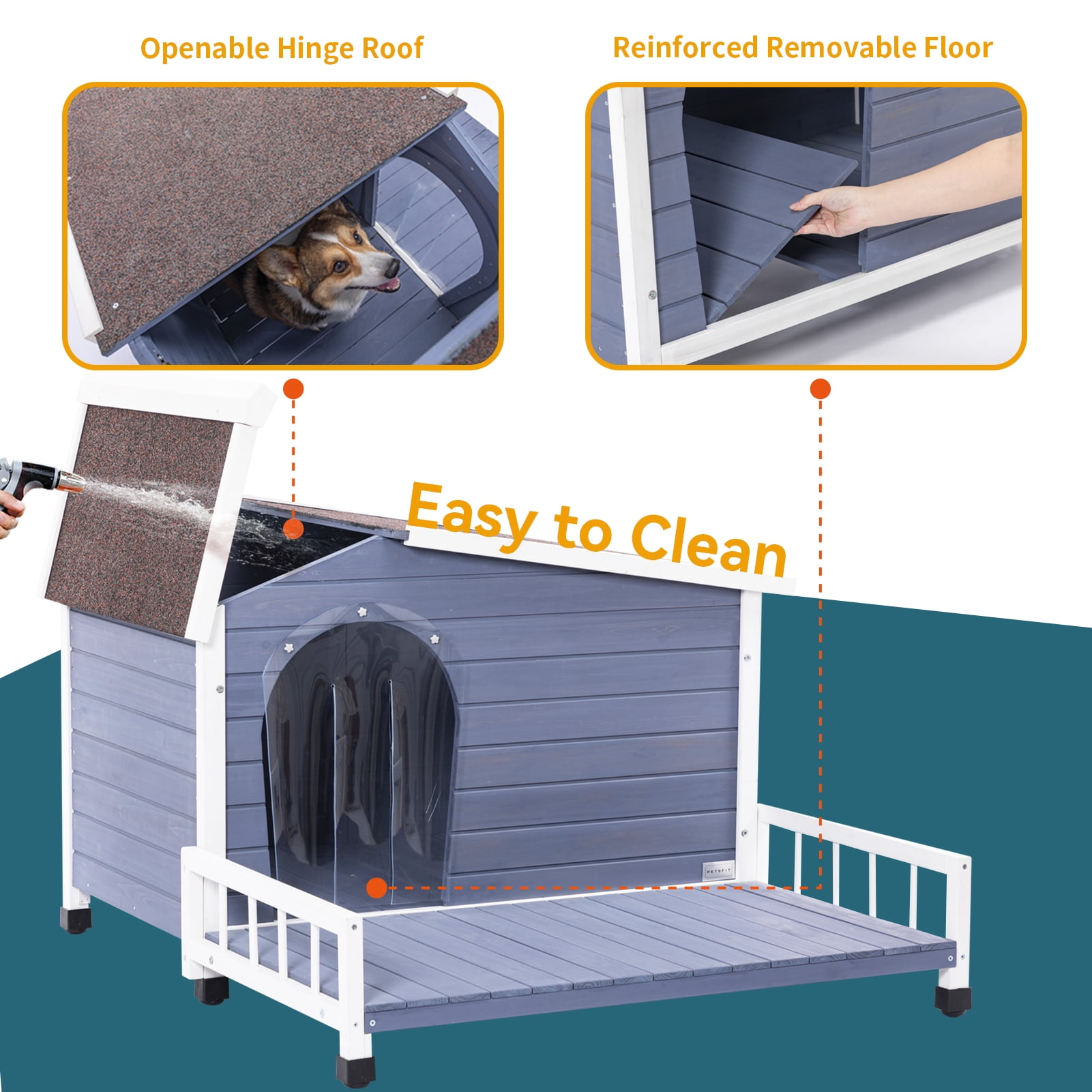 Noaman Large Wooden Dog House Indoor Outdoor with Terrace, Waterproof Asphalt Roof, Raised Floor & Windows, Grey, 45"L x 54"W x 33"H for Small & Medium Dogs