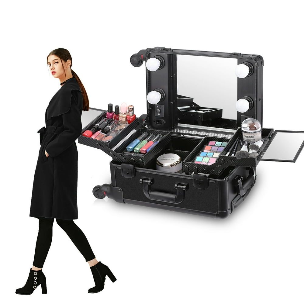 Ovonni LED Lighted Rolling Travel Makeup Train Case with