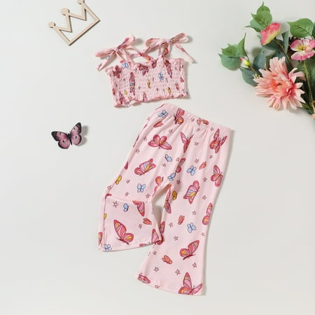 

Girls Summer Butterfly Printed Adjustable Camisole Neckline Top Flared Pants Set