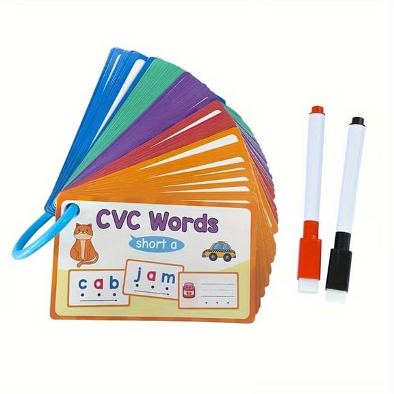 60 CVC Words Flash Cards for Kids, Reusable Dry Erase Phonics Spelling Practice
