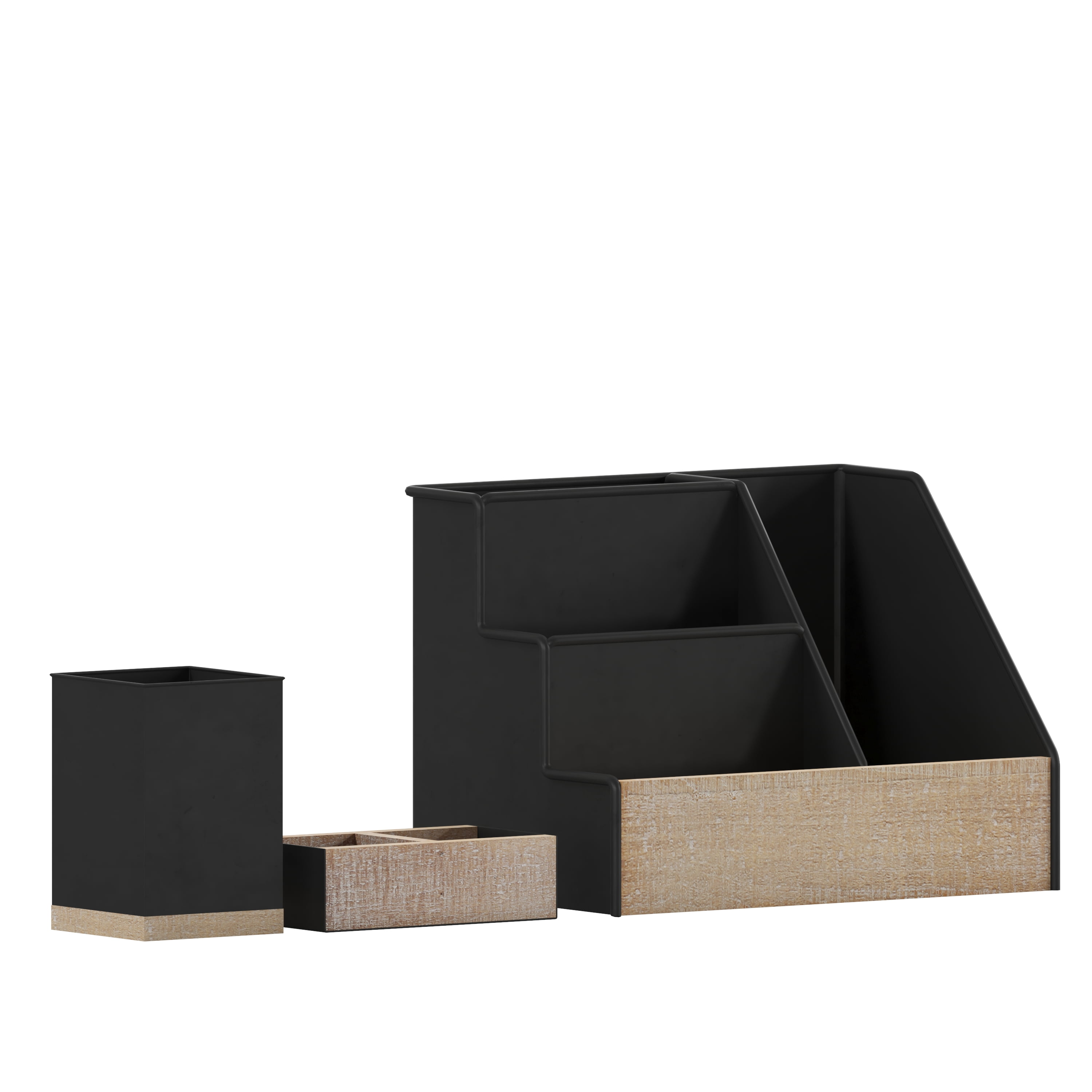 Merrick Lane 3 Piece Desk Organizer Set for Desktop, Countertop, or Vanity in Black Finished Metal and Rustic Wood