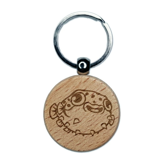 Happy Little Pufferfish Round Keychain Charm Tag - Engraved Wood