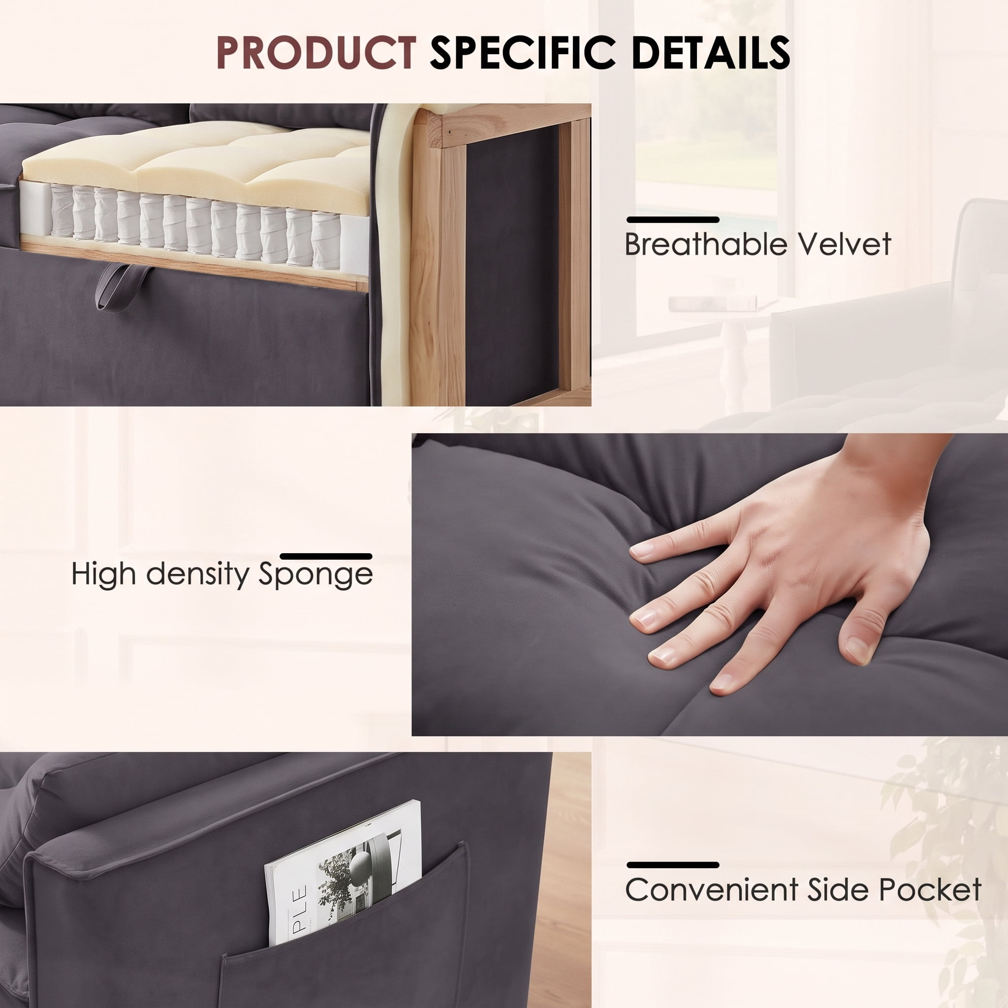 avobird 3 in 1 Convertible Sleeper Futon Sofa Bed, 55" Pull Out Sofa Bed with Storage Pocket/Side Pocket/2 Pillows for Living Room, Dark Gray