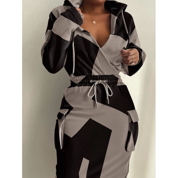 Vestido de mujer a cuadros con cordón en la cintura retracta vestidos con capucha 2023 primavera otoño nuevo vestido sudadera con estampado de periódico