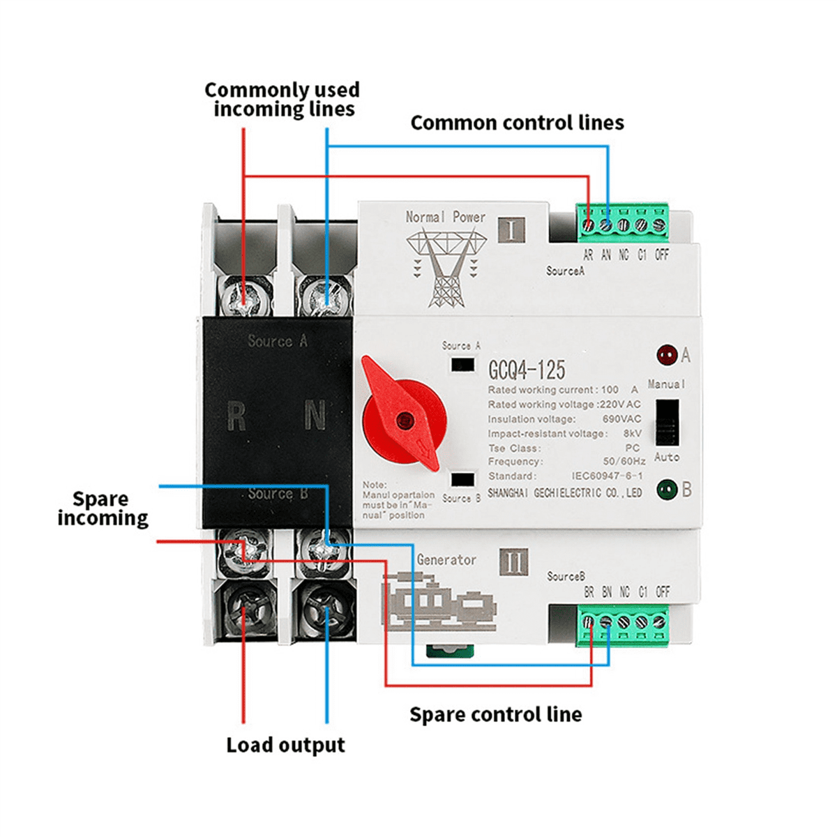 2X Single Phase Din Rail ATS 220V PC Dual Power Automatic Transfer Switch 2P 100A Household Power Transfer Switch