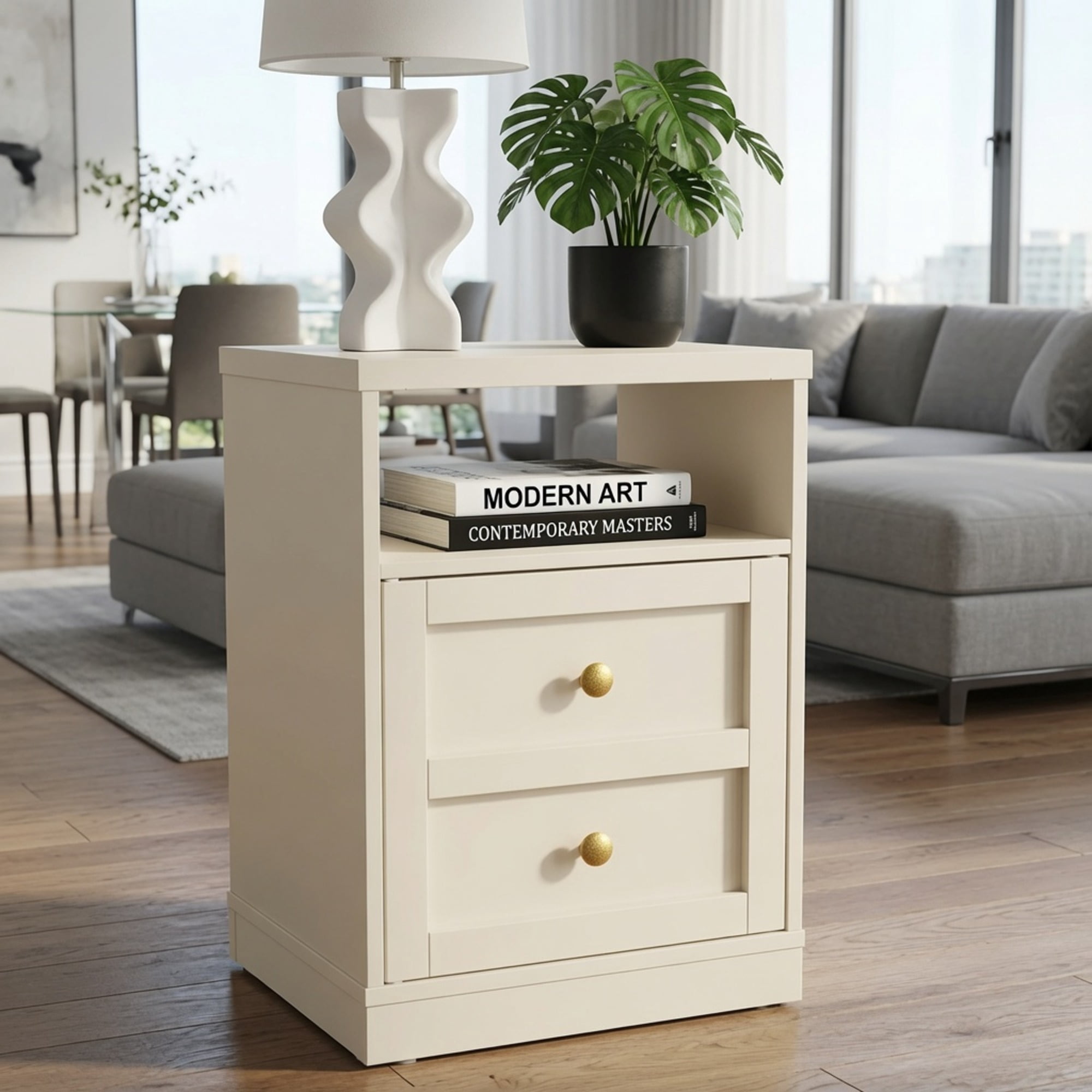 15.7in Wide Beige Engineered Wood Nightstand, Modern Faux 2-Drawer Side Table with Door & Open Storage Shelf, Small Bedside Table for Bedroom Dorm Apartment