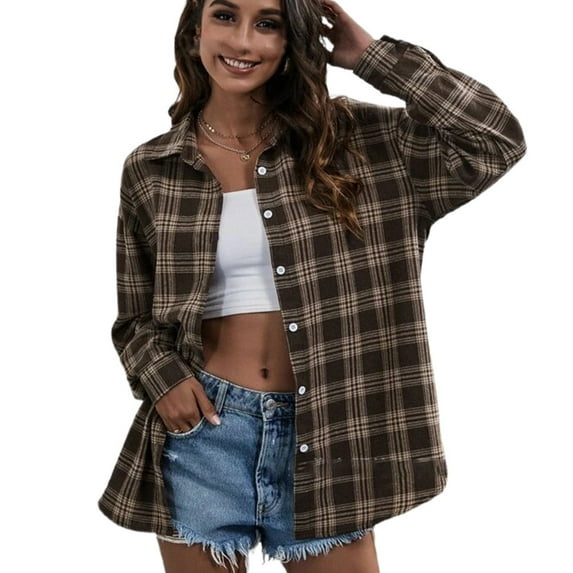 Uhndy Women's Casual Bust Flannel Plaid Lapel Button Down Shacket Jacket Shirts Coat