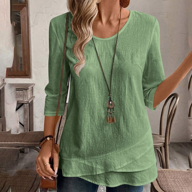 Camisas para mujer,Camiseta de manga 3/4 para mujer, blusa informal de cuello redondo, tejido fino y transpirable, corte holgado para uso diario, sopatenor
