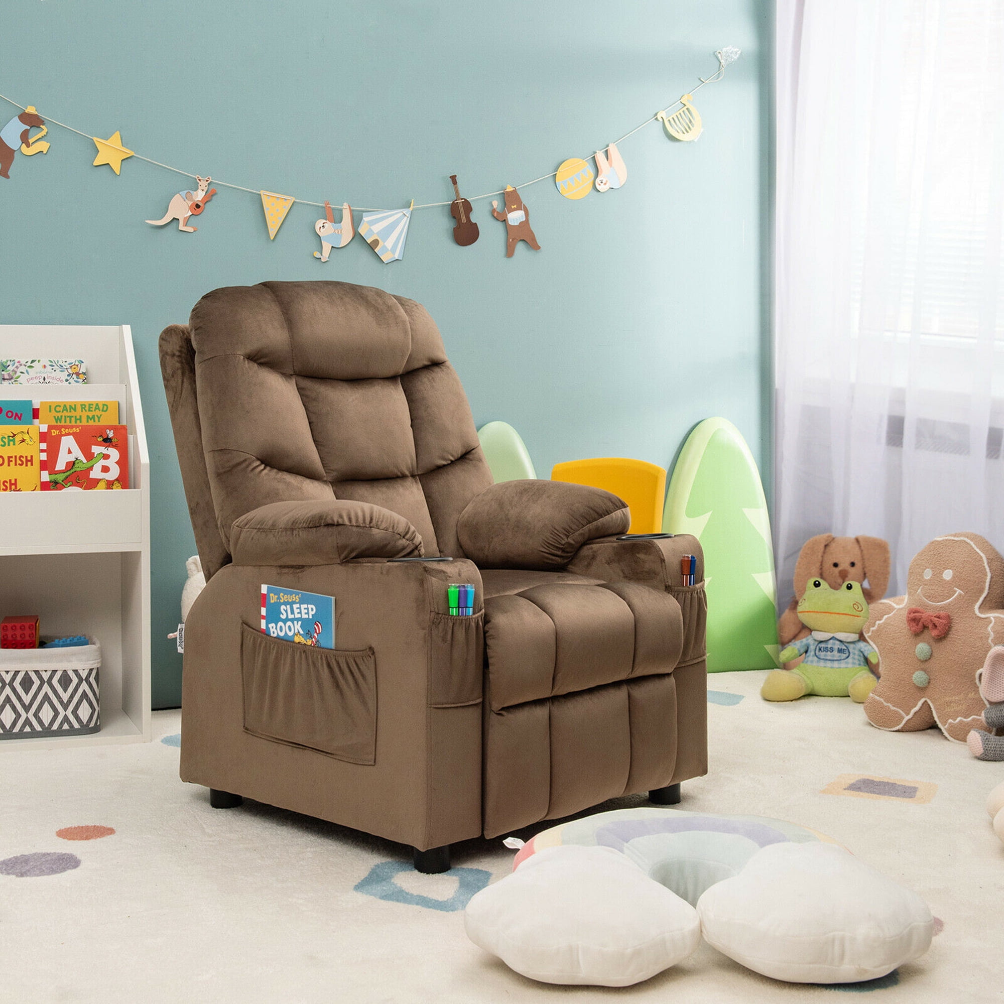 Gymax Kids Youth Recliner Chair Velvet Fabric w/Cup Holder & Side Pocket Brown