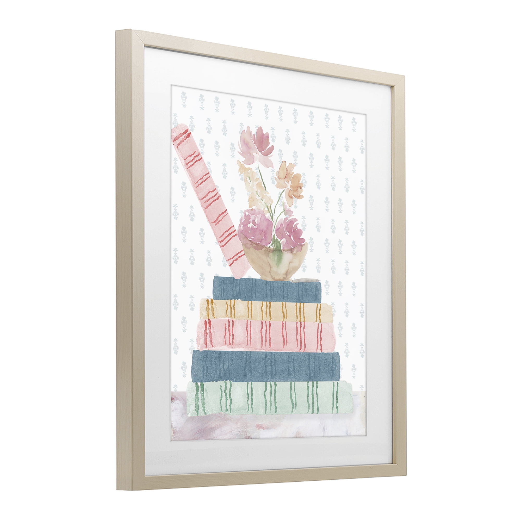 Stupell Industries Pastel Flowers And Books Birch Framed Print Under Glass, design by Lucille Price