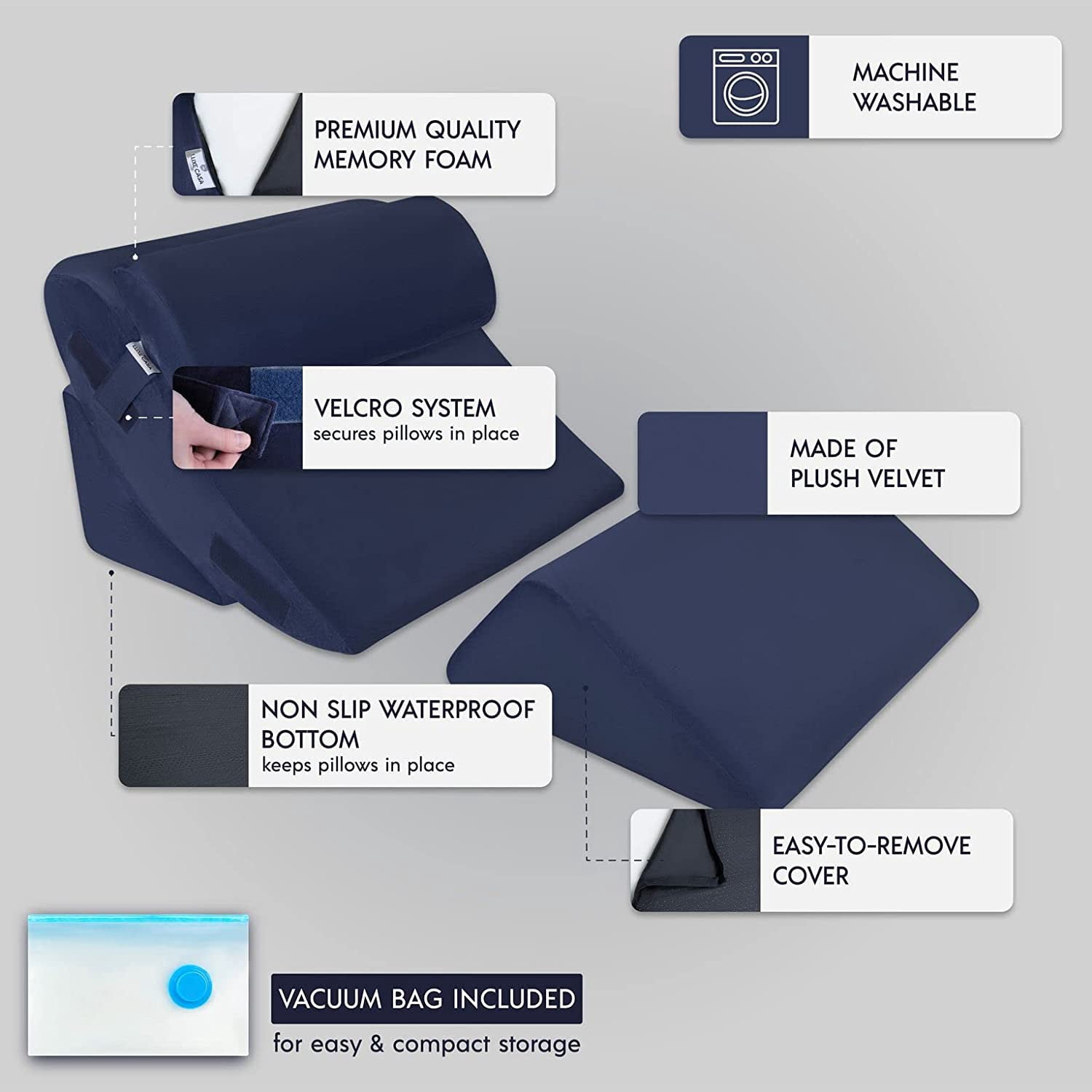 Luxe Casa B09H1JVFB1 Luxe Casa 4 Pcs Orthopedic Bed Wedge Pillow Set Blue Post Surgery, Relaxing, Back & Adjustable Head Support Cushion