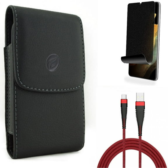 Privacy Screen Protector & Case Belt Clip & 10ft USB Cable for Samsung Galaxy S21 Ultra Phone - TPU Film Fingerprint Works & Leather Holster & Type-C Charger Cord Accessory Bundle