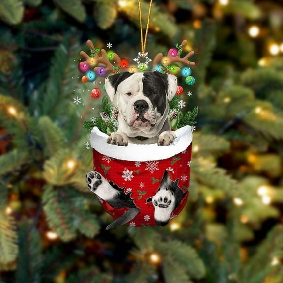 Acrylic 2D FLAT - American Bulldog In Snow Pocket Christmas Ornament Flat Acrylic Dog Ornament - Holiday Tree Decoration