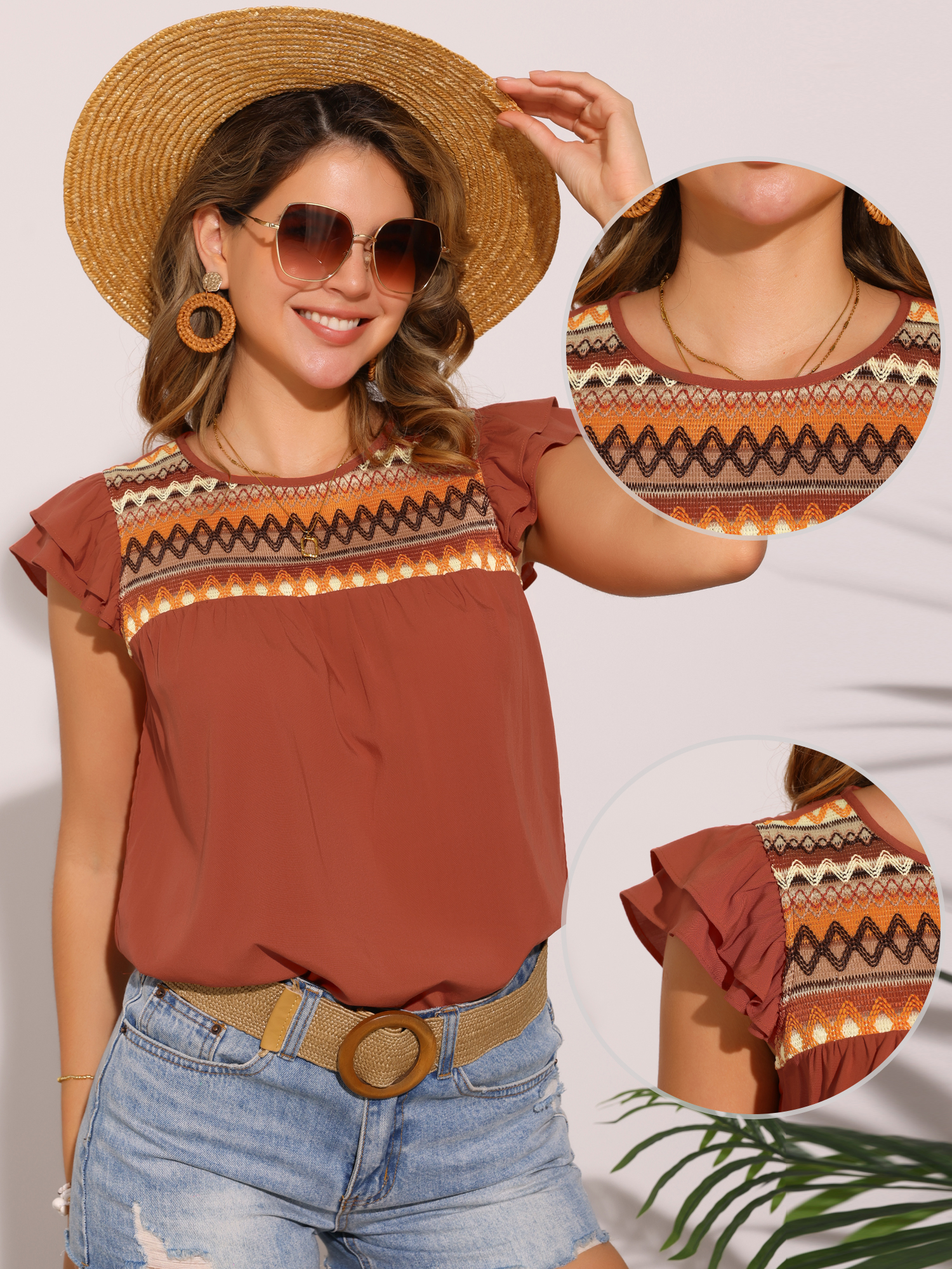 DARING DIVA Women's Casual Round Neck Geometric Patchwork Top XL Orange