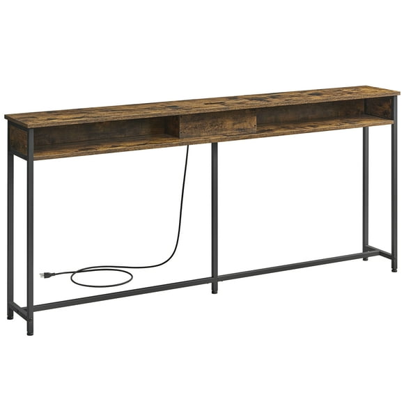 VASAGLE 70 Inch Outlet and Shelves, Sofa Hidden Charging Station, Behind Couch Skinny Console Table, Rustic Brown + Black