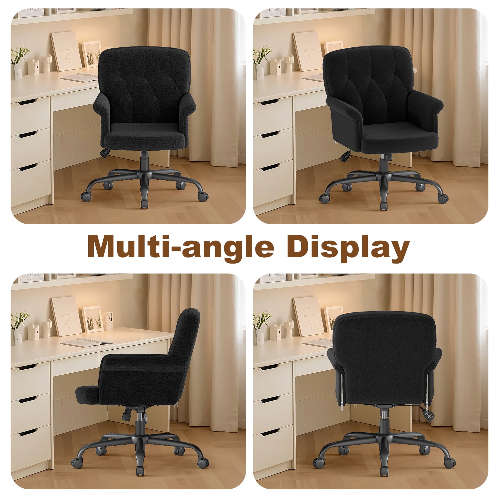 Home Office Chair Mid-Back Upholstered Tufted Computer Task Chair Height Adjustable Swivel Accent Chair Black