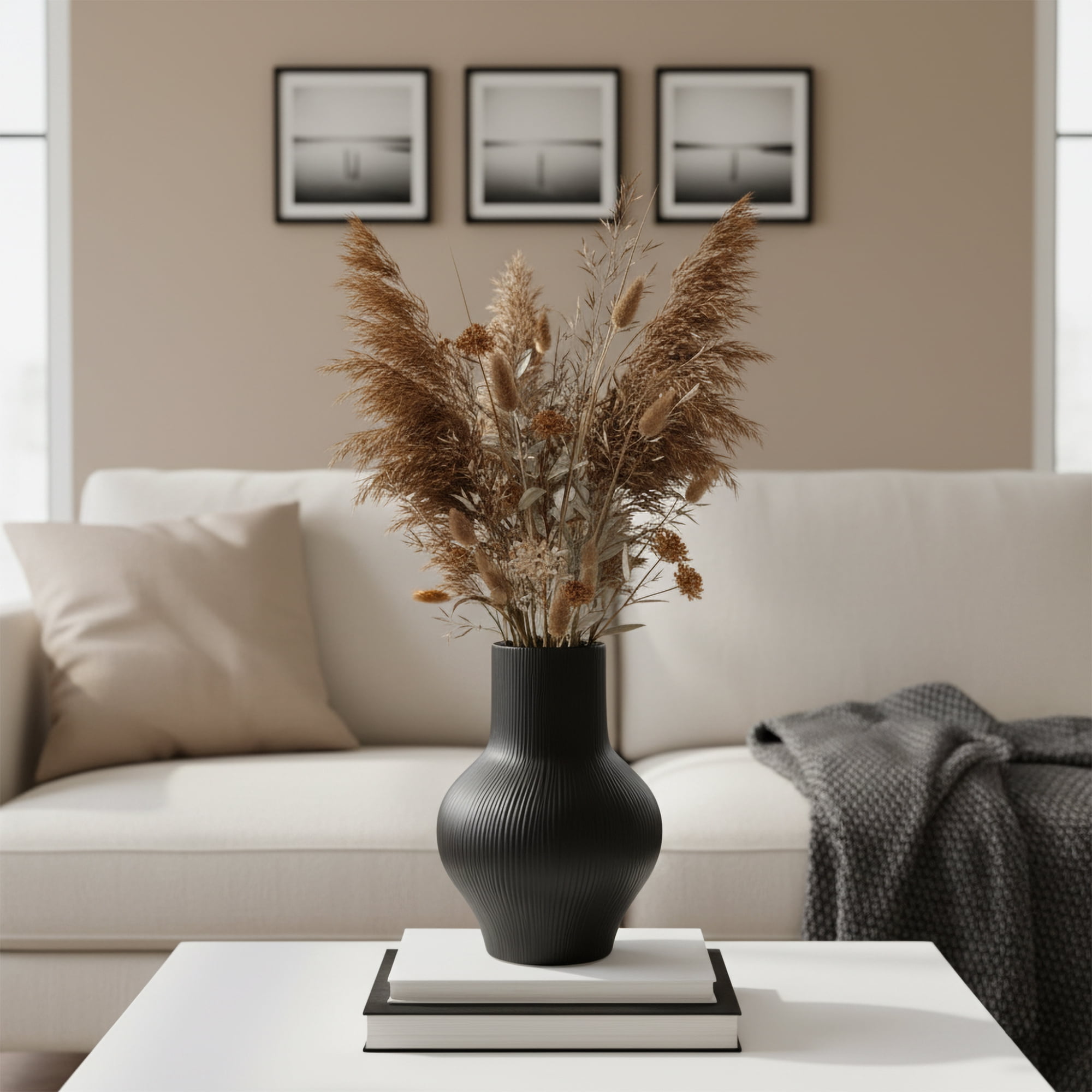 Better Homes & Gardens 10-Inch Black Ribbed Ceramic Decorative Vase