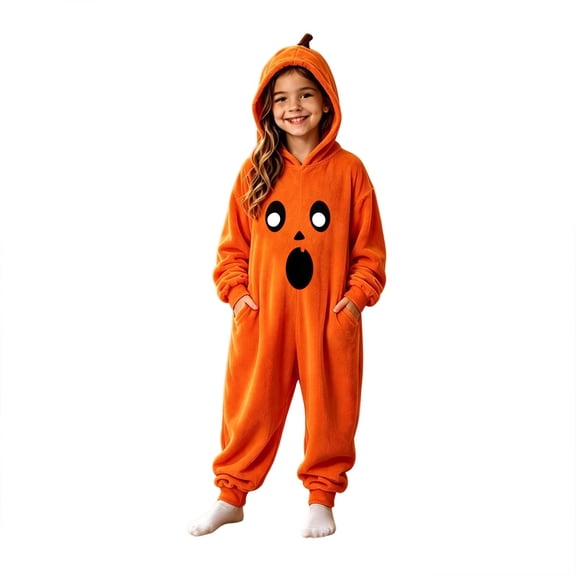 Rhuody Halloween Onesies For Girl Long Sleeve Pumpkin Prints Round Neck Pajamas Jumpsuit 11-12 Years Orange