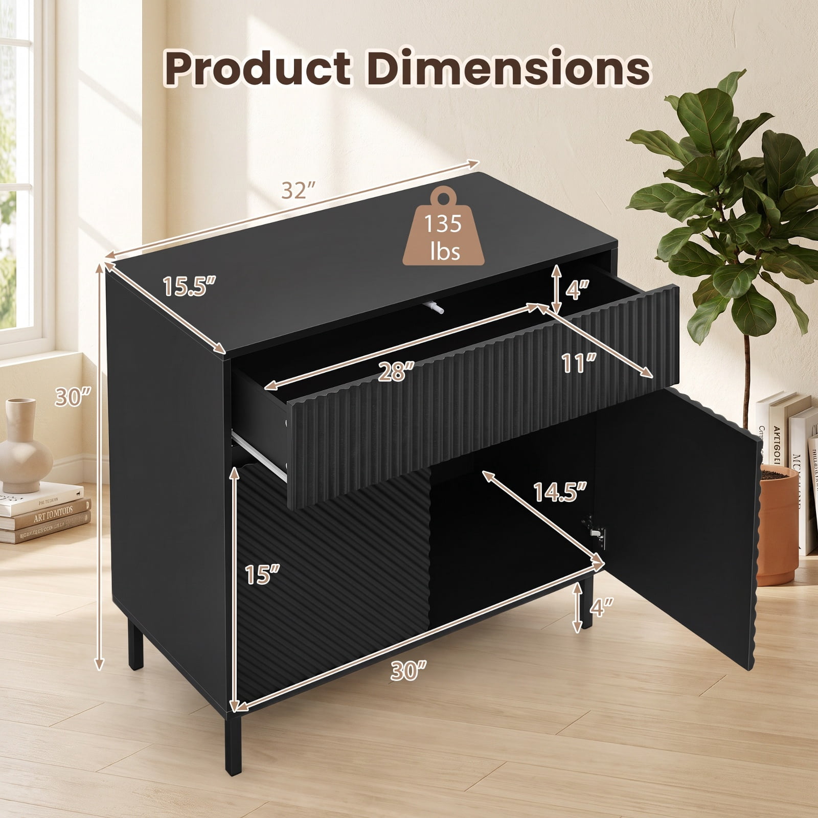 Furnibear 32" Wide Buffet Cabinet with 2 Doors and 1 Drawer for Kitchen for Kitchen Dining Living Room Buffet Storage Server, Black