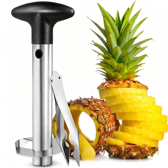 USIONE Stainless Steel Pineapple Corer & Slicer - Heavy Duty Pineapple Cutter with Eye Removal Tool, Sharp Reinforced Blade, Ergonomic Handle, Black