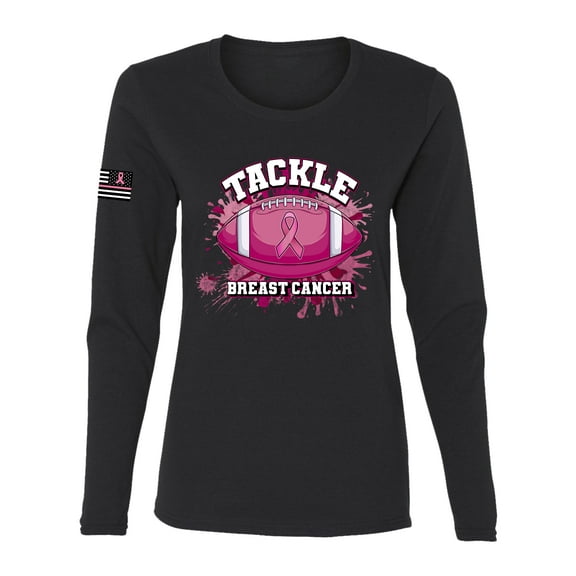 Wild Bobby Tougher Than Cancer Football Paint Splatters US Flag Breast Cancer Awareness Women Graphic Long Sleeve Tee, Black, Small