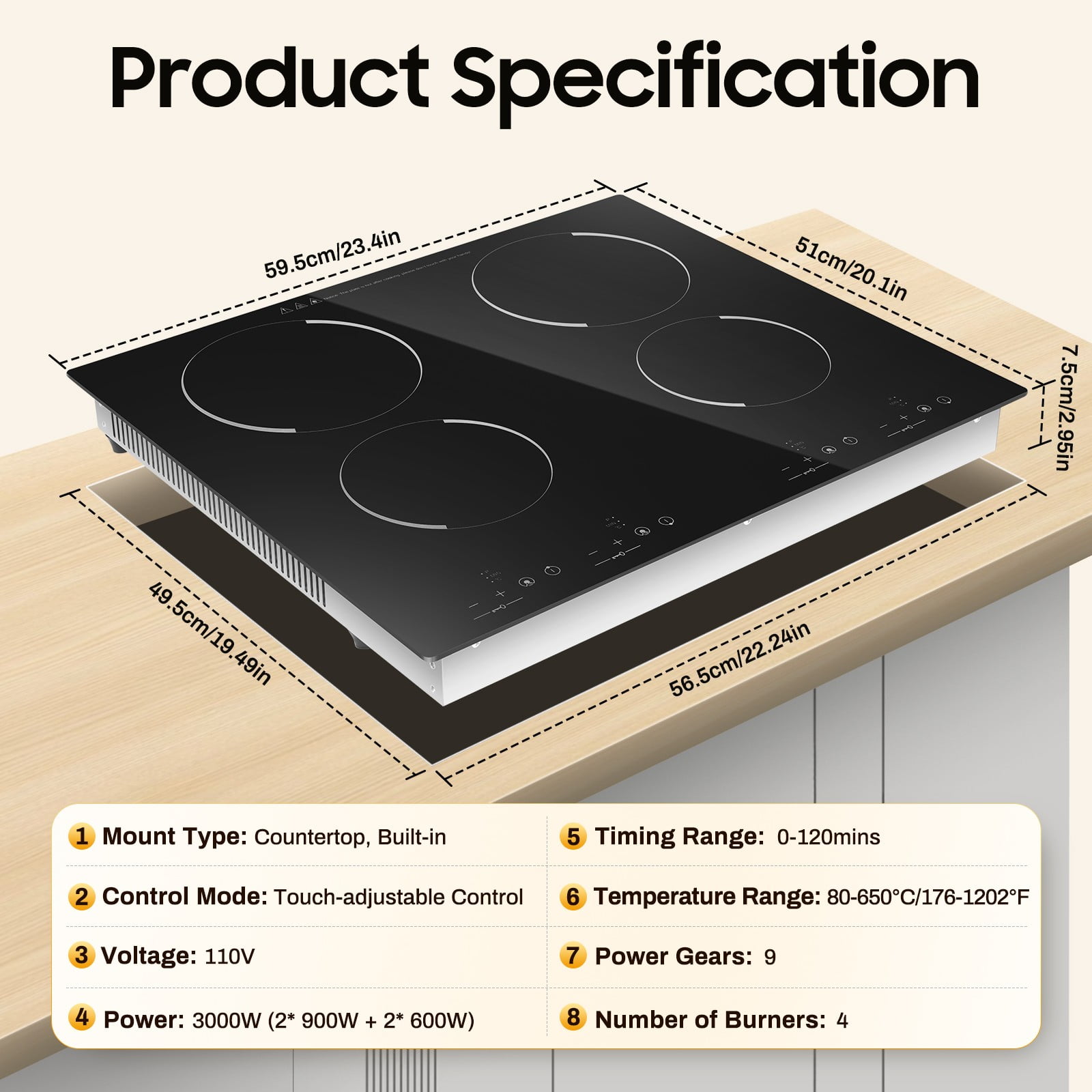 23.4 Inch Induction Cooktop 4 Burners, 110V 3000W Built-in Induction Stovetop Flat Glass Top Electric Stove Hob with Touch Control & Child Lock for Kitchens Snack Bars & Hotels