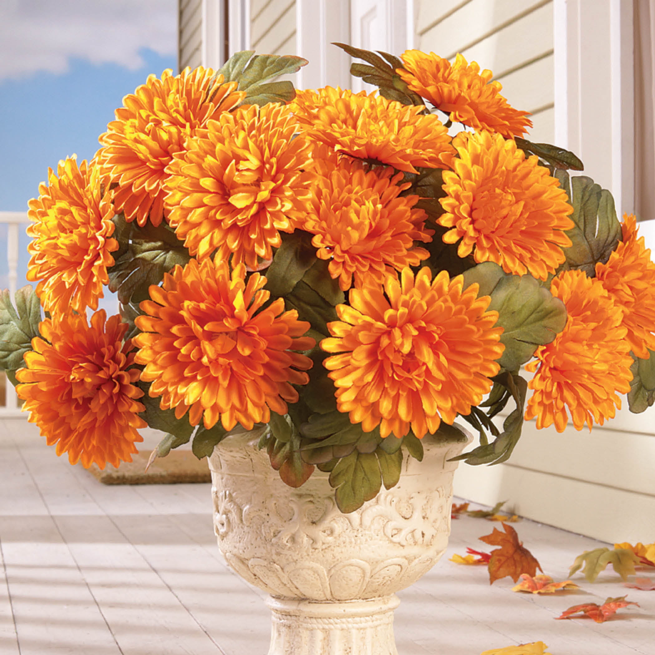 Set of 3 Artificial Orange Spiky Chrysanthemum Bush Fake Mum Flowers 45cm 