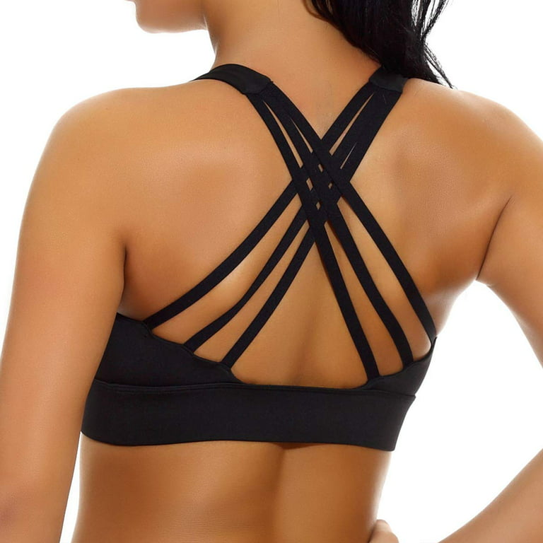 nine bull Women's Strappy Cross Back Sports Bra with Removable