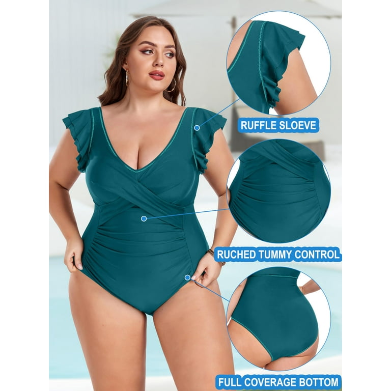 TIYOMI Ladies Plus Size 4X One Piece Swimsuit Peacock Blue Swimwear Ruffled Deep V Neck Suits Tummy Control Bathing Suit 4XL 24W 26W