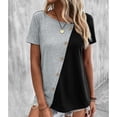thumbnail image 3 of Mujeres manga corta Top casual moda color bloqueo redondo Masajeadores de cuello verano camiseta con botón decoración para diario gris claro XXL, 3 of 7