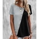 thumbnail image 3 of Camiseta de manga corta para mujer, estilo informal, con bloqueo de color, cuello redondo, camiseta de verano con decoración de botones para uso diario, gris claro XXL, 3 of 7