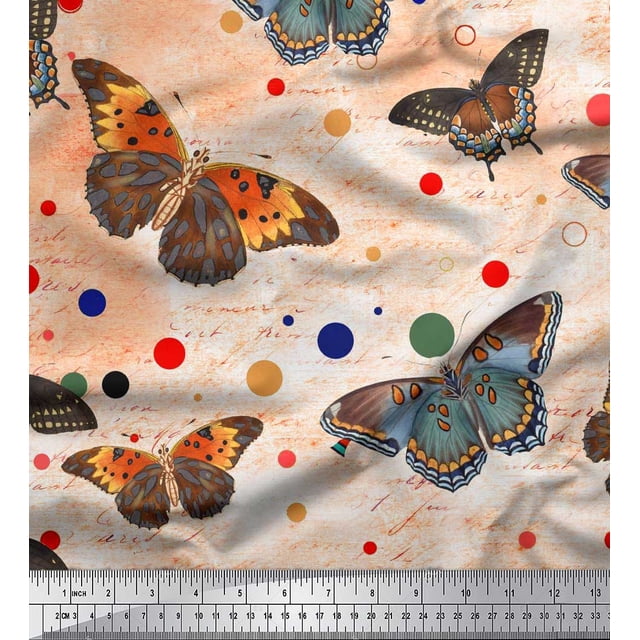 Soimoi polyester Crepe Fabric Dot & Butterfly Decor Fabric Printed Yard 52 Inch Wide