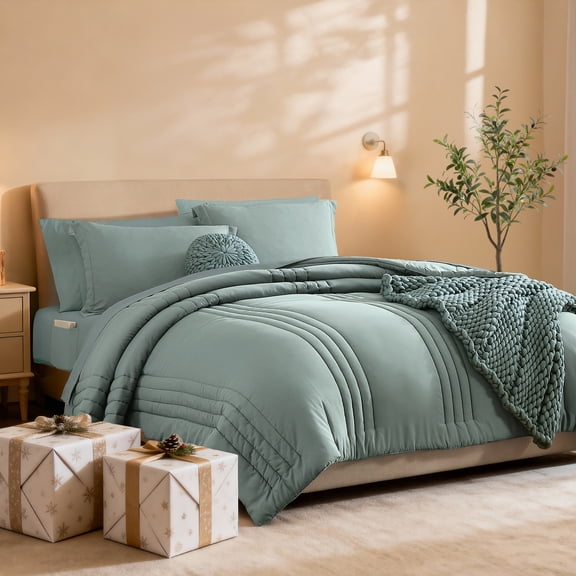 Amberspace 7-Piece Bed in a Bag Comforter Set with Sheets,Sage Green,Queen