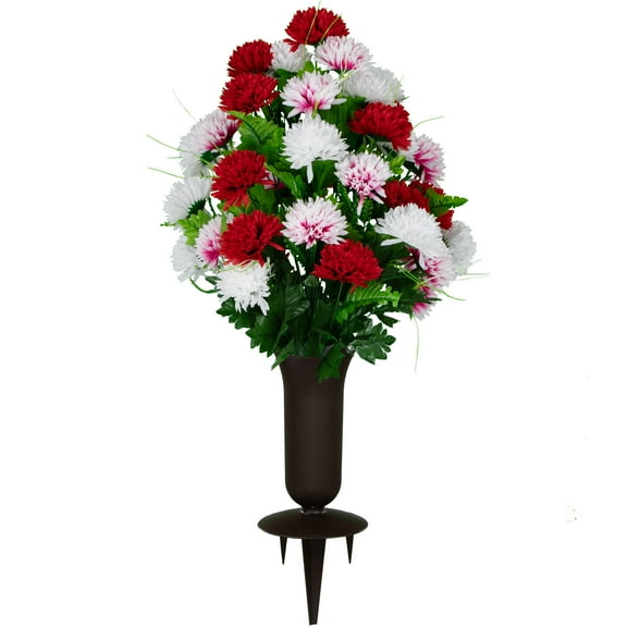 Sympathy Silks Artificial Cemetery Flowers Red and White Mums with Sympathy Silks Vase