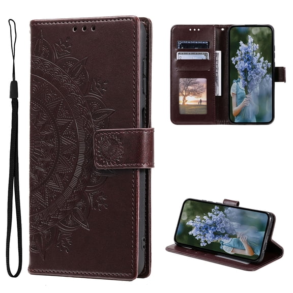 Wallet Case Compatible with iPhone 14 Pro PU Leather, Mandala Flower Floral Embossed Stand Feature with Wrist Strap and 3-Slots ID & Credit Cards Pocket Magnetic Clasps - Brown
