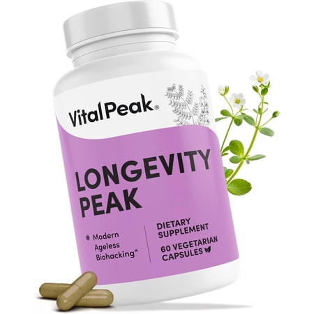Vital Peak® Longevity Peak - Healthy Aging & Cellular Energy Support Supplements for Women & Men with Ashwagandha, Astragalus, Cat's Claw, Ceylon Cinnamon, L-Lysine, L-Glutamine & More - 60 Capsules