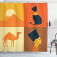 thumbnail image 1 of Vintage Egyptian Shower Curtain, Camel Pyramids Emperor Cat Pattern, Fabric Bathroom Set with Hooks, 69W X 84L Inches Extra Long, Earth Yellow Burnt Sienna Dark Violet Blue Cream, by Ambesonne, 1 of 2