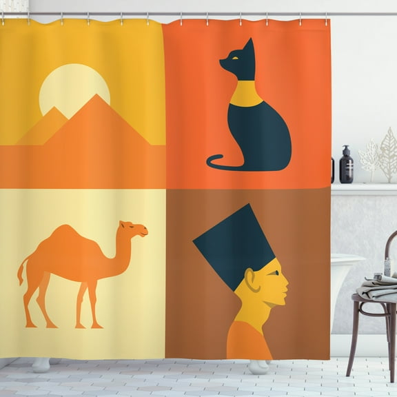 Vintage Egyptian Shower Curtain, Camel Pyramids Emperor Cat Pattern, Fabric Bathroom Set with Hooks, 69W X 70L Inches, Earth Yellow Burnt Sienna Dark Violet Blue Cream, by Ambesonne