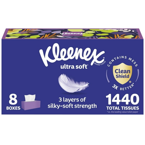 Kleenex Ultra Soft Facial Tissues, 8 Flat Boxes, 180 Tissues per Box, 3-Ply, Packaging May Vary C40