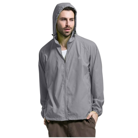 Kwasome Mens Coats Four Seasons Solid Color Packable Rain Jacket Windproof Raincoat With Hood Outdoor Rain Gear Travel Hiking Cycling Pocket Jacket Silver Daily Wear 2Xl