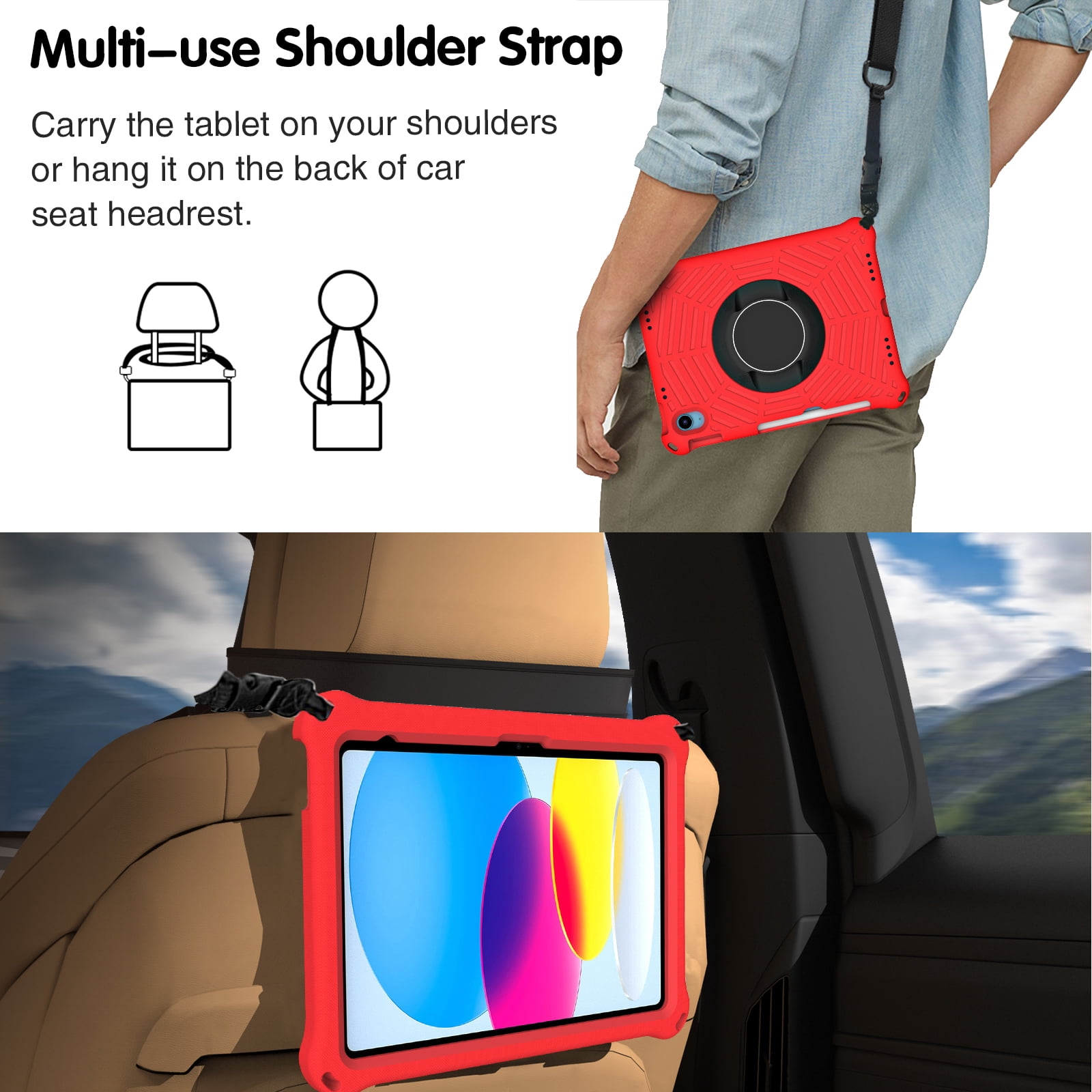 Dteck Rugged Case for Apple iPad (10th generetaion) 10.9-inch 2022, Shockproof Drop Protection Cover with 360 Rotatable Kickstand Shoulder Strap Pencil Holder for 10.9" iPad 10th Gen Case 2022,Red