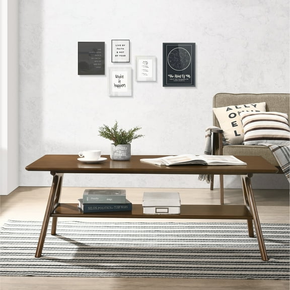 Roundhill Furniture Arona Mid-Century Modern Wood Shelf Coffee Table, Walnut Finish