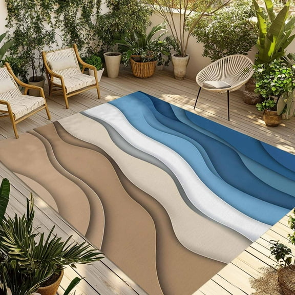 Fsddascl Blue Brown Striped Outdoor Rug for Patio/Deck/Porch, Non-Slip Large Area Rug 6 x 9 Ft, Modern Gradient Abstract Waves Indoor Outdoor Rugs Washable Area Rugs, Reversible Camping Rug Carpet