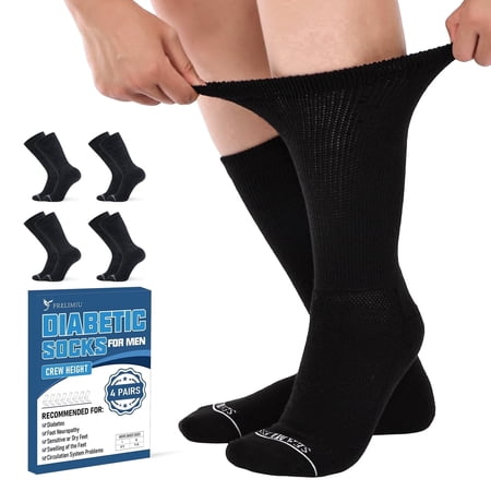Diabetic Socks for Men, 4 Pairs Seamless Crew Socks with Non Binding, Soft Cushioned Sole Sock with Loose Top, Diabetes Sock Men for Neuropathy, lymphedema, Edema, Swollen Feet, 8-11(L)