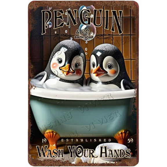 Penguin Wash Your Hands Retro Metal Sign Funny Penguin Bathroom Decor Penguin Gifts Cute Animal Wall Decor Creative Aluminum Sign Rustic Farmhouse Decor 12x8 Inches