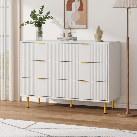 Fluted Dresser for Bedroom with 6 Drawers, 39.4" Wide Modern Chest of Drawers with Metal Handle, Wooden Closet Clothes Storage Organizer for Living Room, Hallway, White