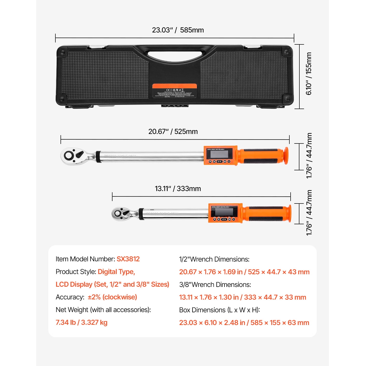 KFFKFF Digital Torque Wrench Set, 2 Pieces, 1/2 and 3/8 Inch Drive, 72-Tooth, ±2% Precision Electronic Wrench with Preset Function, Buzzer, and LED Alerts for Automotive and Motorcycle Use