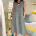 thumbnail image 4 of Kvture Women's Summer Linen Button Up Sundress V Neck Sleeveless Casual Midi Dress with Pockets Beach Vacation Flowy Dress Gray, 4 of 7