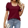 thumbnail image 3 of QAFOPEH Women Square Neck Puff Short Sleeve Smocked Cuffs Tunic Solid Color Top, 3 of 7