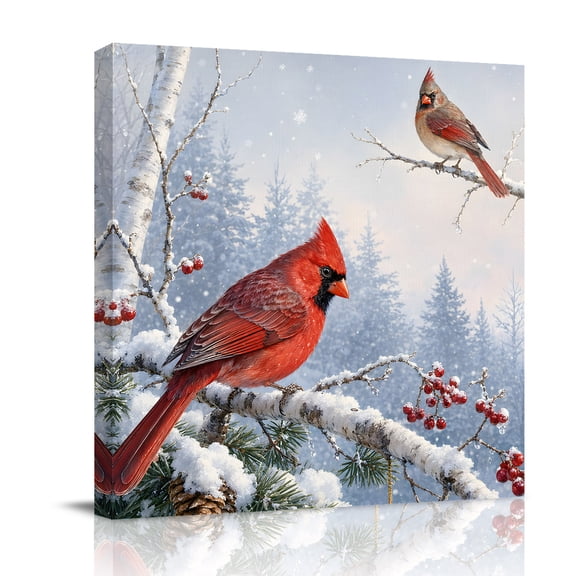 Canvas Wall Art, Christmas Framed Canvas Prints for Bathroom Desk, Winter Forest Cardinal Pine Trees Berry Snowy Xmas Small Gallery Wrapped Wall Decor for Home Office, Gifts, 8"x8" Ship Next Day